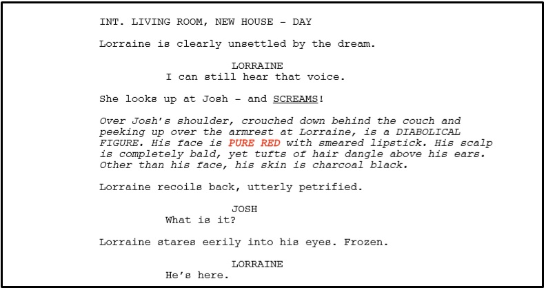 Trecho do roteiro "Sobrenatural", de Leigh Whannell. Exemplo de como escrever uma cena de terror.