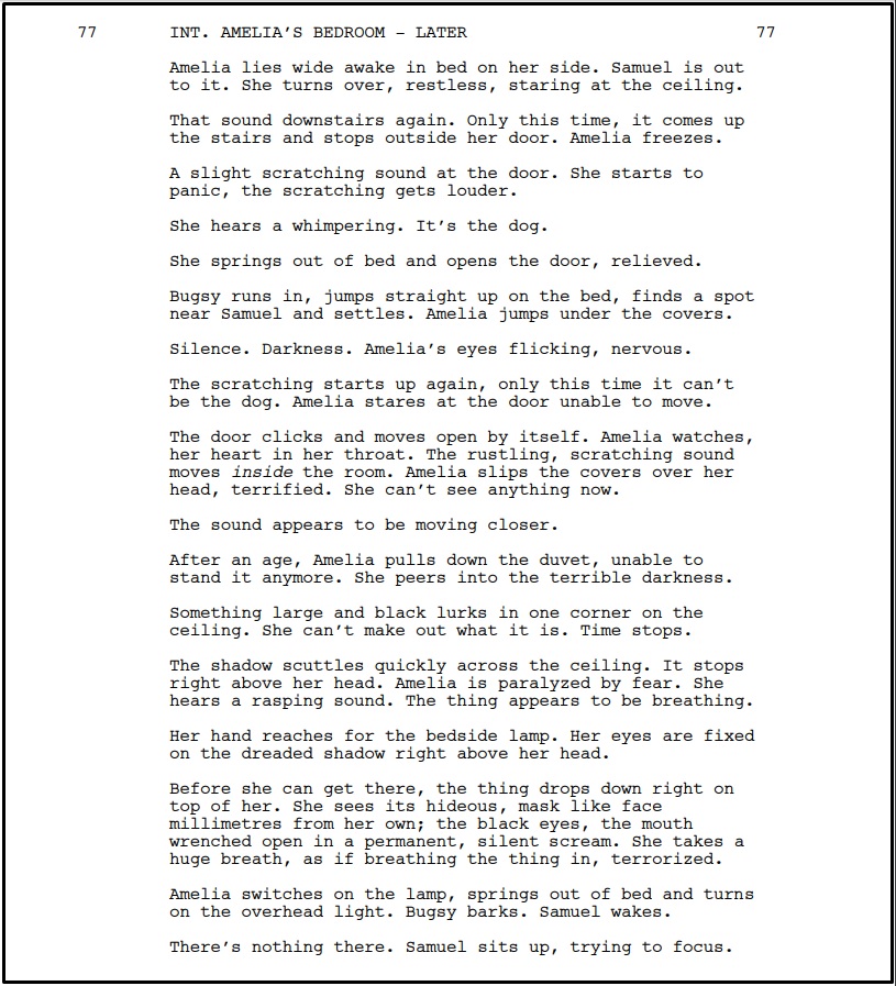 Trecho do roteiro "O Babadook", de Jennifer Kent. Exemplo de como escrever uma cena de terror.