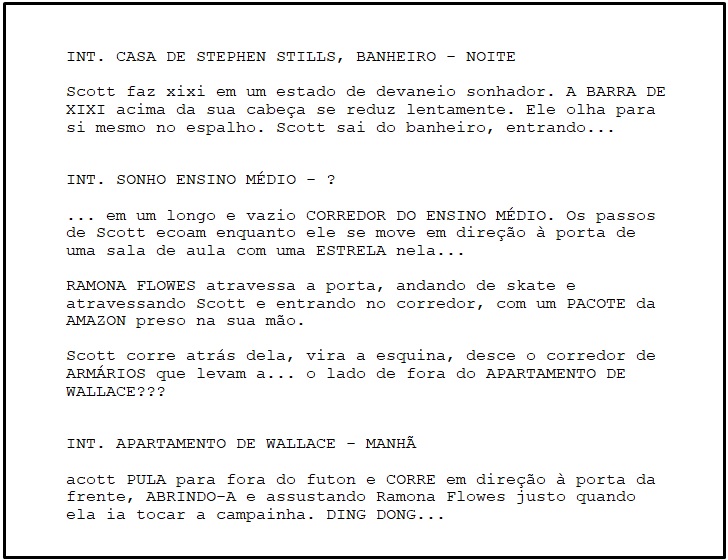 Tradução de um trecho do roteiro de Scott Pilgrim Conta o Mundo. 